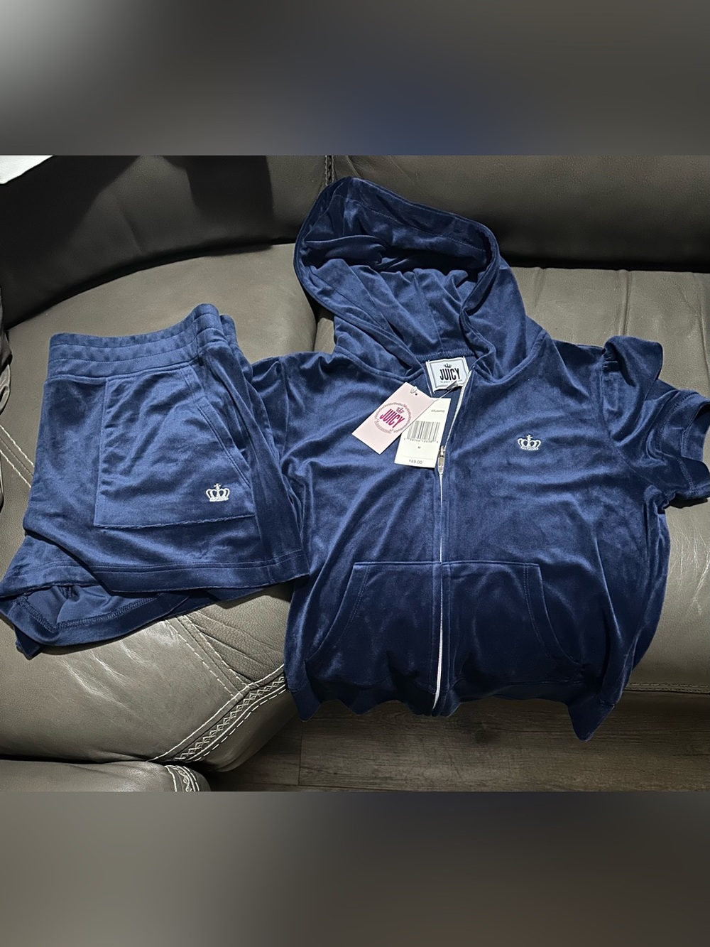 Juicy Couture Navy Blue Velour Zip Hoodie with Crown Logo